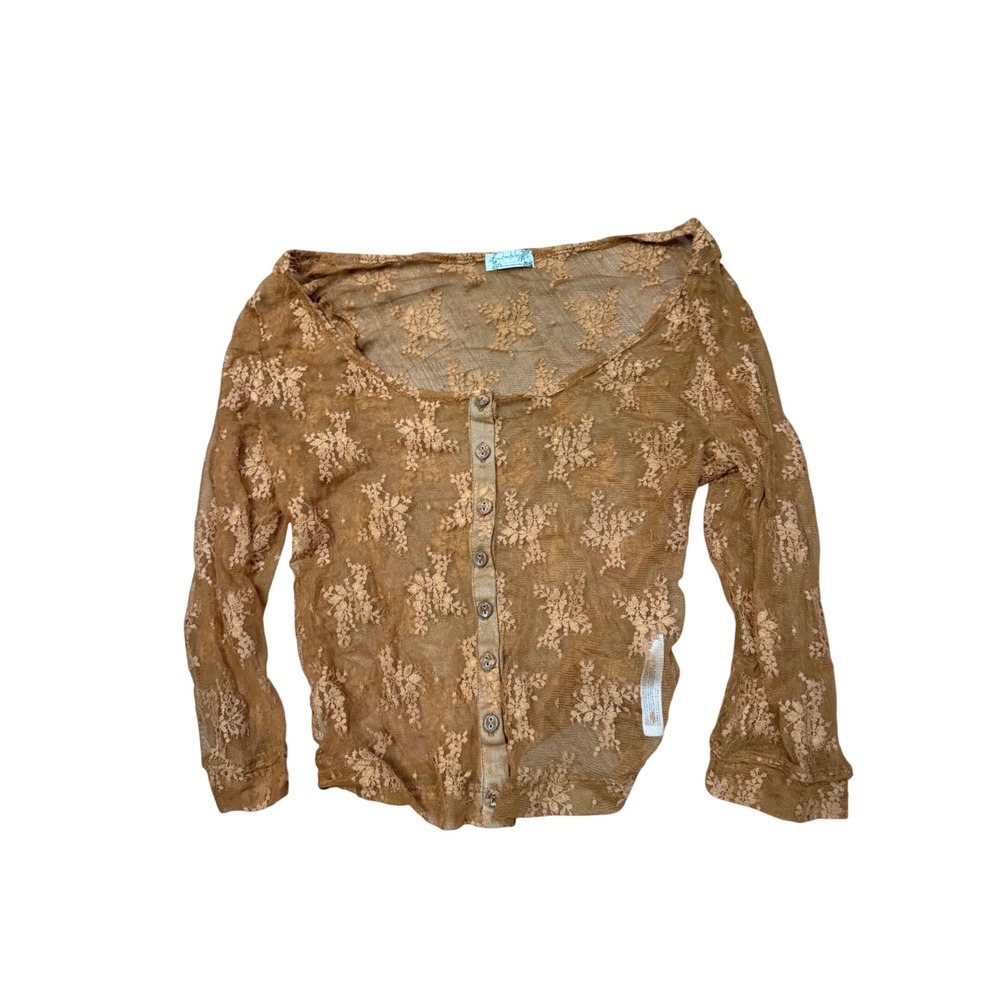 Free People Intimately Sheer Floral Lace‎ Button Top Brown Boho Festival Large
